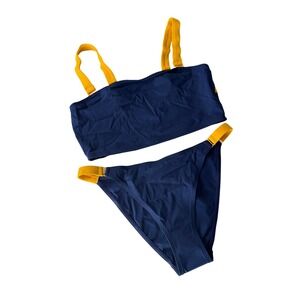 SHAN Navy Blue Yellow Bikini Set High‎ Cut Strappy Top Bottom Women Size 10 M